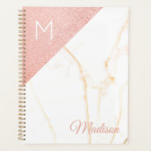 Roze Marmer Glitter Meisjesachtig Monogram Planner (Voorkant)