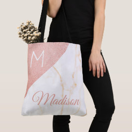 Roze marmer Glitter Trendy Initiaal Naam Monogram Tote Bag