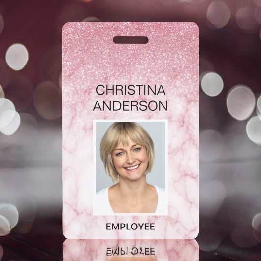 Roze Marmer Glitter Werknemer Naam Foto Corporate Badge