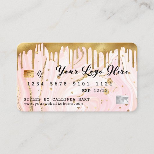 Roze marmer Gold Drip-creditcard stijl Visitekaartje (Voorkant)