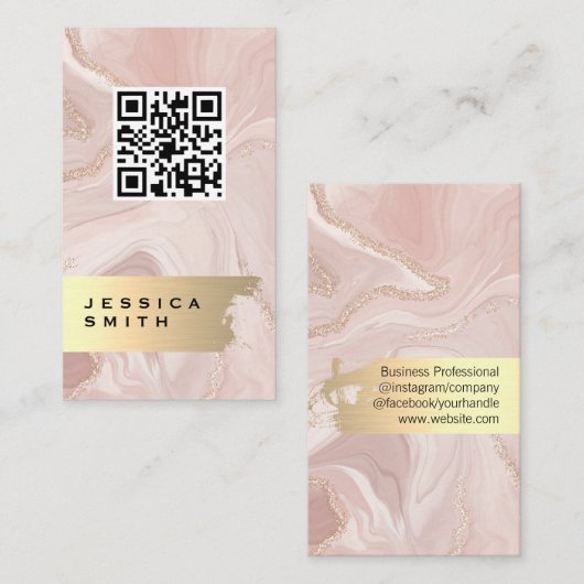 Roze marmer Gold Flakes | QR-code Visitekaartje (Voorkant / Achterkant)