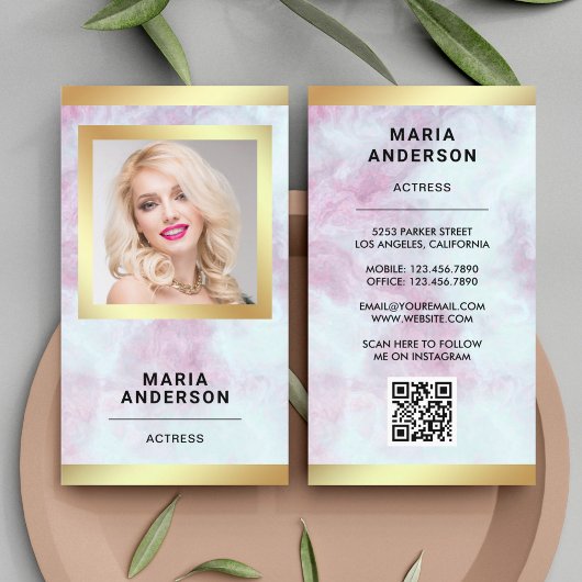 Roze marmer Gold Model Actress QR Code Foto Visitekaartje