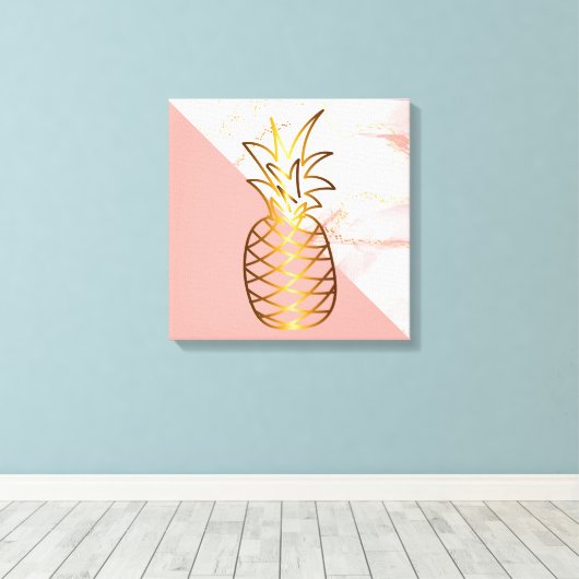 Roze marmer Gold Pineappel Canvas Afdruk (Insitu (Houten vloer))