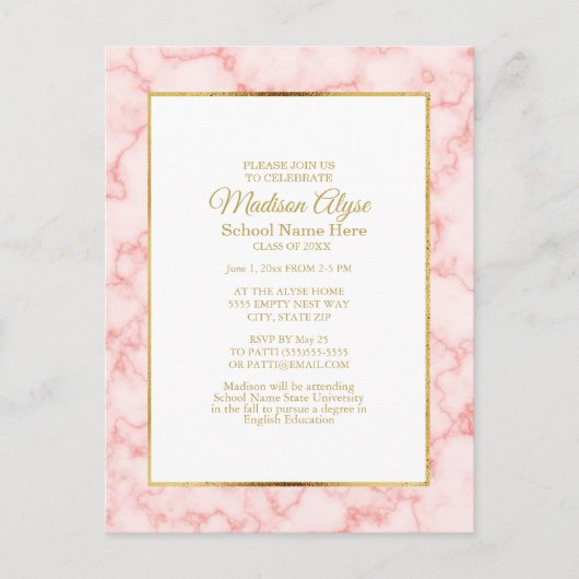 Roze marmer Gold White Graduparty nodigt uit Briefkaart (Voorkant)