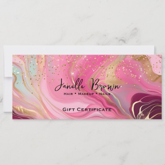 Roze marmer & gouden glitters cadeaubon kaart (Voorkant)
