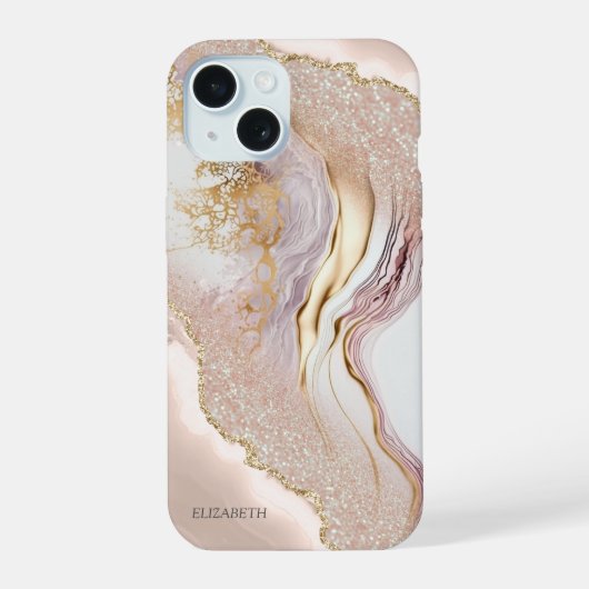 Roze Marmer Gouden Glitters iPhone 15 Case (Achterkant)