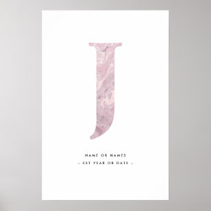 Roze marmer Letter J Initiaal met personalisatie Poster