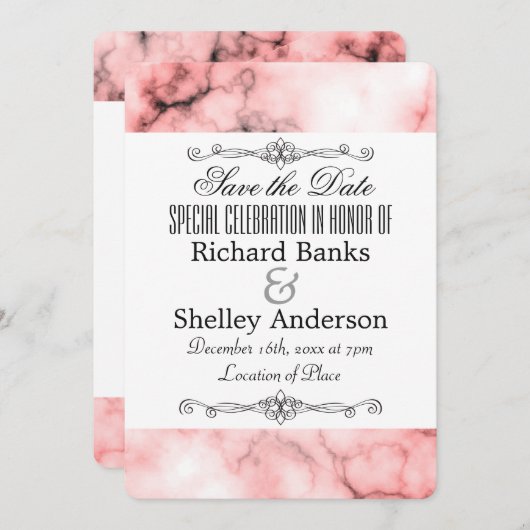 Roze marmer met Fancy elementen Save The Date (Voorkant / Achterkant)