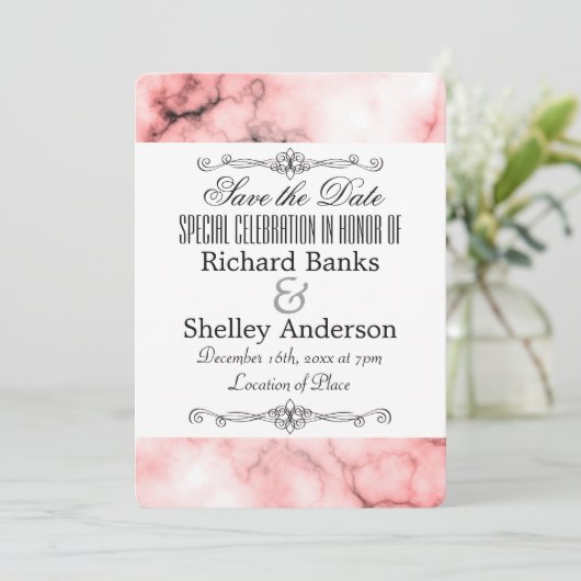 Roze marmer met Fancy elementen Save The Date (Staand voorkant)