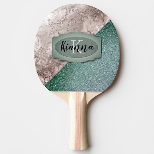 Roze marmer Minty Green Monogram Tafeltennisbatje (Voorkant)