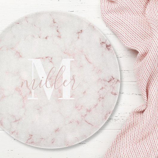 Roze Marmer Monogram Ronde Glas Snijplank