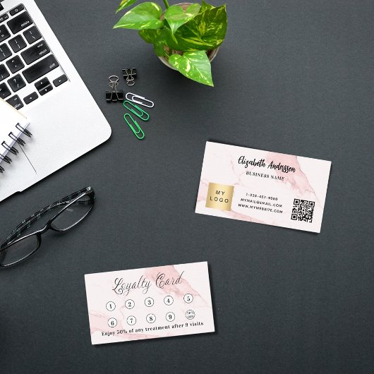 Roze marmer qr code corporate logo klantenkaartje