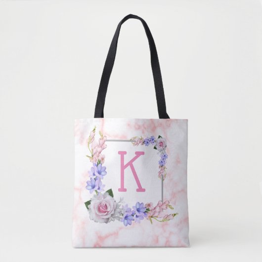 Roze marmer Rose Bouquet Monogram Tote Bag (Voorkant)