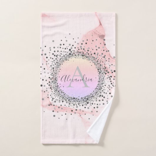 Roze marmer Silver - bespikkeld glitterijmonogram Bad Handdoek (Handdoek)