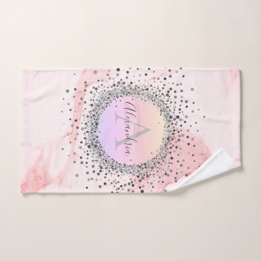 Roze marmer Silver - bespikkeld glitterijmonogram Bad Handdoek (Handdoek)
