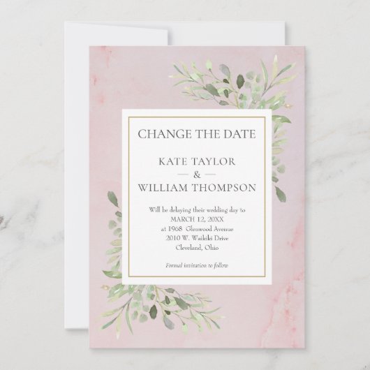 Roze Marmer Verander de datum Groene Bladeren Save The Date (Voorkant)
