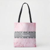 Roze Marmer Zilveren Diamant Bling Gepersonaliseer Tote Bag (Voorkant)