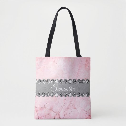 Roze Marmer Zilveren Diamant Bling Gepersonaliseer Tote Bag (Voorkant)