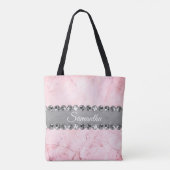 Roze Marmer Zilveren Diamant Bling Gepersonaliseer Tote Bag (Achterkant)