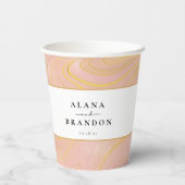 Roze marmeren agaat glinsterende namen bruiloft pa papieren bekers (Achterkant)