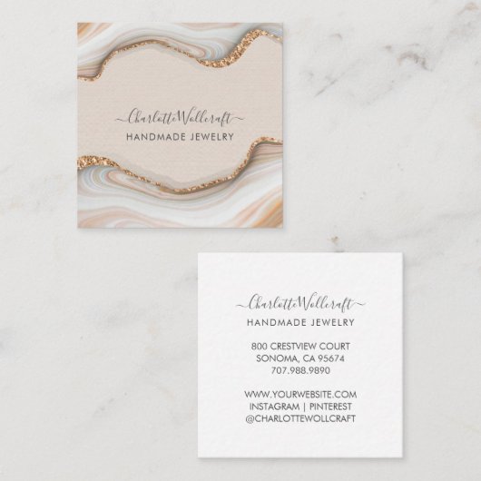 Roze Marmeren Agaat Goud Glitter Handgemaakte Sier Vierkante Visitekaartje (Voorkant / Achterkant)