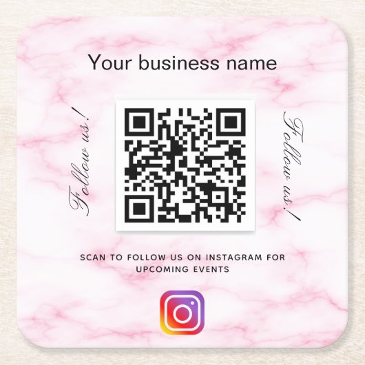 Roze marmeren bedrijfs qr code instagram kartonnen onderzetters (Voorkant)