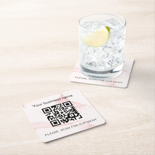 Roze marmeren bedrijfsbar restaurant qr-code kartonnen onderzetters (Insitu)