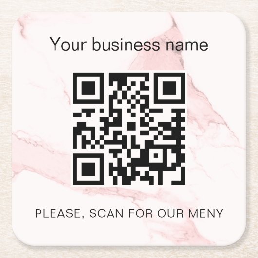 Roze marmeren bedrijfsbar restaurant qr-code kartonnen onderzetters (Voorkant)