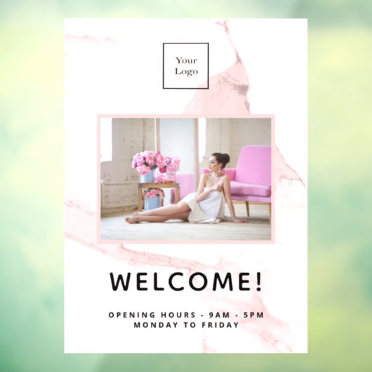 Roze marmeren bedrijfslogo foto welkom raamsticker (Vel 3)