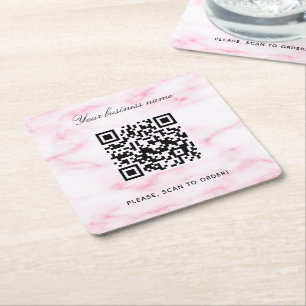 Roze marmeren bedrijfsnaam qr-code kartonnen onderzetters