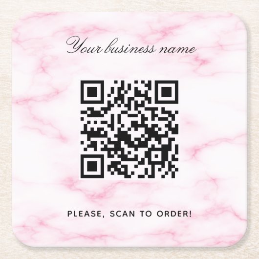 Roze marmeren bedrijfsnaam qr-code kartonnen onderzetters (Voorkant)