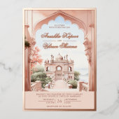 Roze Marmeren Boog Indian Palace Bruiloft Roos Gou Folie Uitnodiging (Voorkant)
