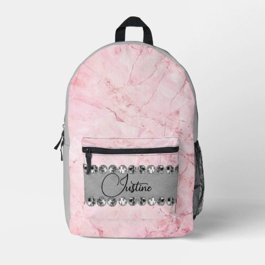 Roze Marmeren Diamant Bling Gepersonaliseerd Bedrukte Rugzak (Voorkant)