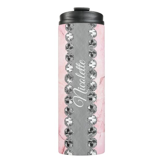 Roze Marmeren Diamant Bling Gepersonaliseerd Thermosbeker (Voorkant)