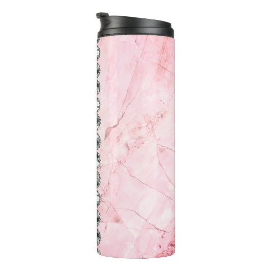 Roze Marmeren Diamant Bling Gepersonaliseerd Thermosbeker (Geroteerd rechts)