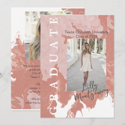 Roze Marmeren Foto Afstudeer Uitnodigingskaart  Kaart (Voorkant / Achterkant)