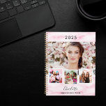 Roze marmeren foto collage afspraken 2025 planner<br><div class="desc">Creëer uw eigen unieke fotocollage. Gebruik vier,  vier van je favoriete foto's. Personaliseer en een jaar,  naam en tekst. Roze marmeren print als achtergrond,  zwarte tekst.</div>