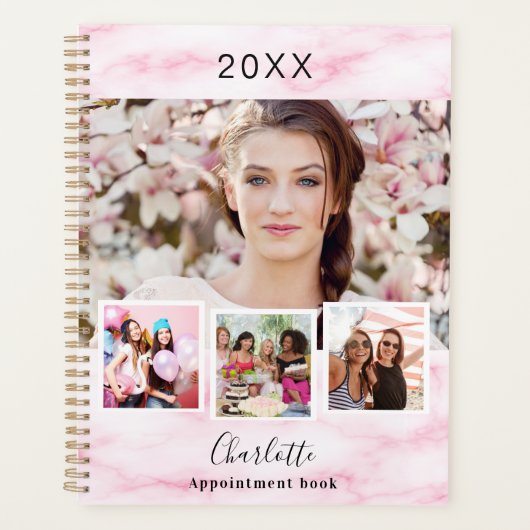 Roze marmeren foto collage afspraken 2026 planner (Voorkant)