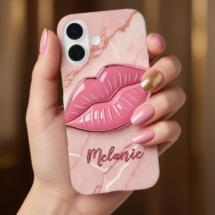 Roze marmeren glanzende lippen iPhone 16 hoesje