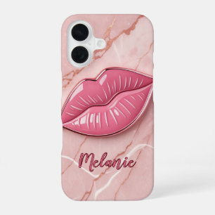 Roze marmeren glanzende lippen gevormd iPhone 16 hoesje