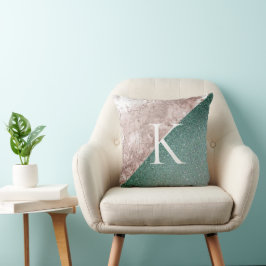 Roze marmeren glinsterende groene monogram kussen