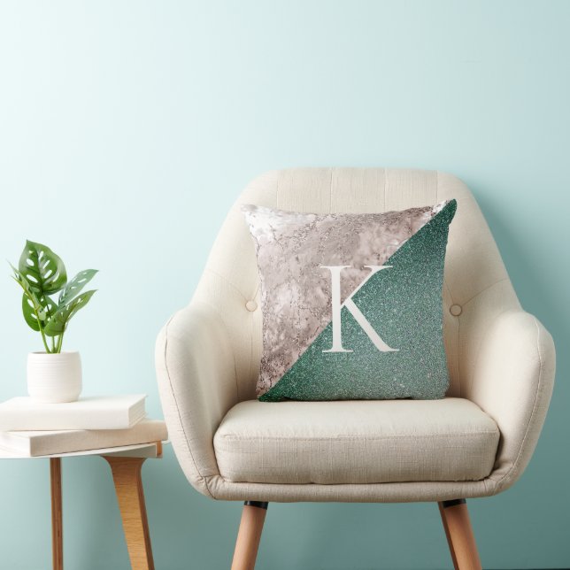 Roze marmeren glinsterende groene monogram kussen (Stoel)