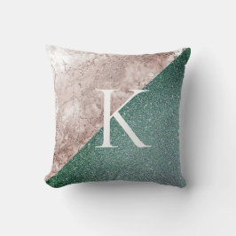 Roze marmeren glinsterende groene monogram kussen
