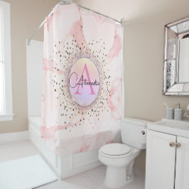 Roze Marmeren Glitter Monogram Gepersonaliseerd Douchegordijn