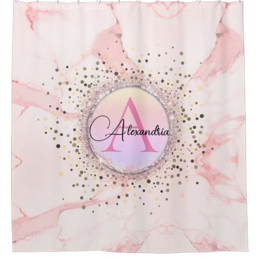 Roze Marmeren Glitter Monogram Gepersonaliseerd Douchegordijn (Voorkant)