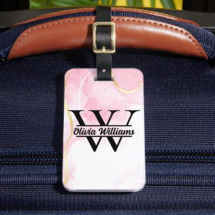Roze marmeren monogram   Girly Modern Gold Glitter Bagagelabel