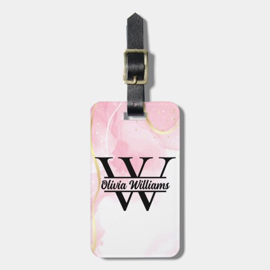 Roze marmeren monogram | Girly Modern Gold Glitter Bagagelabel (Voorkant verticaal)