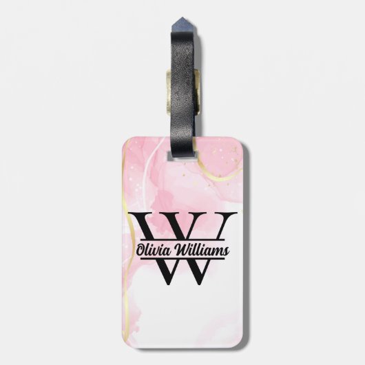 Roze marmeren monogram | Girly Modern Gold Glitter Bagagelabel (Achterkant verticaal)