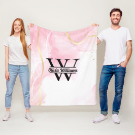 Roze marmeren monogram | Girly Modern Gold Glitter Fleece Deken