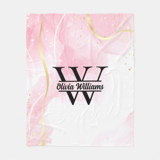 Roze marmeren monogram | Girly Modern Gold Glitter Fleece Deken (Voorkant)